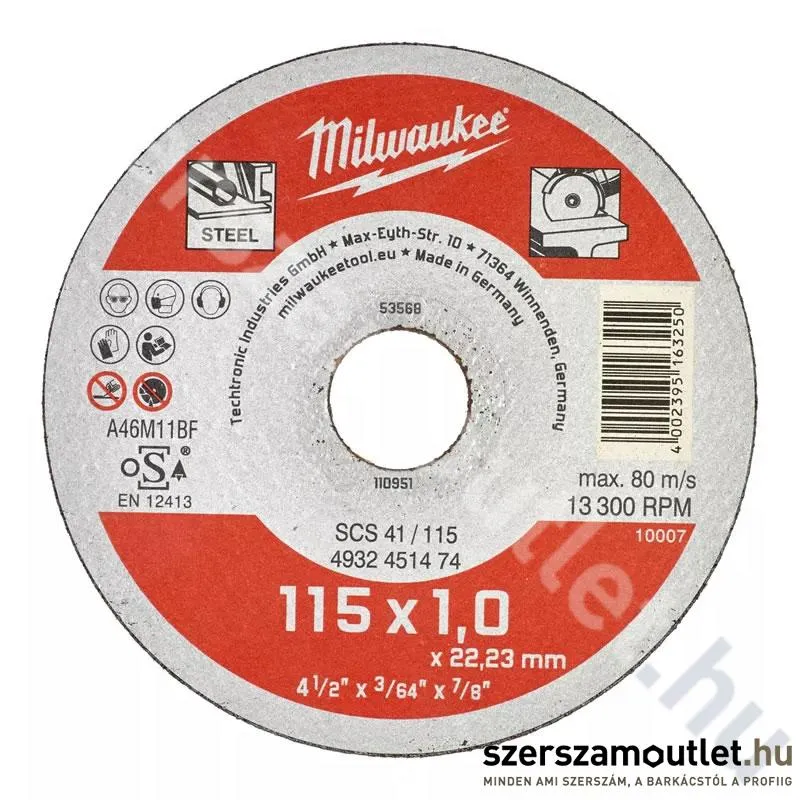 MILWAUKEE SCS41 Vágókorong (fémhez) 115x1mm (4932451474)