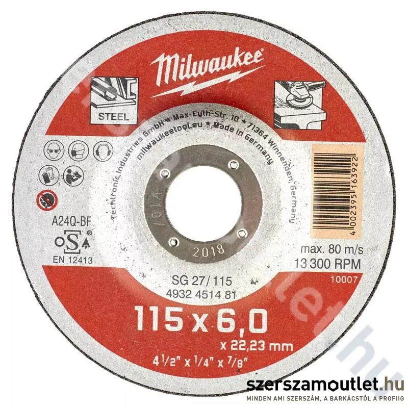 MILWAUKEE SG27 Csiszolókorong fémhez 115x6mm (4932451481)