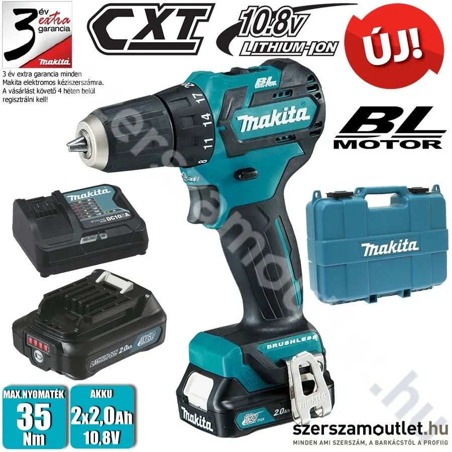 MAKITA DF332DSAE Akkus szénkefe mentes fúró-csavarbehajtó kofferben (2x2,0Ah/10,8V)