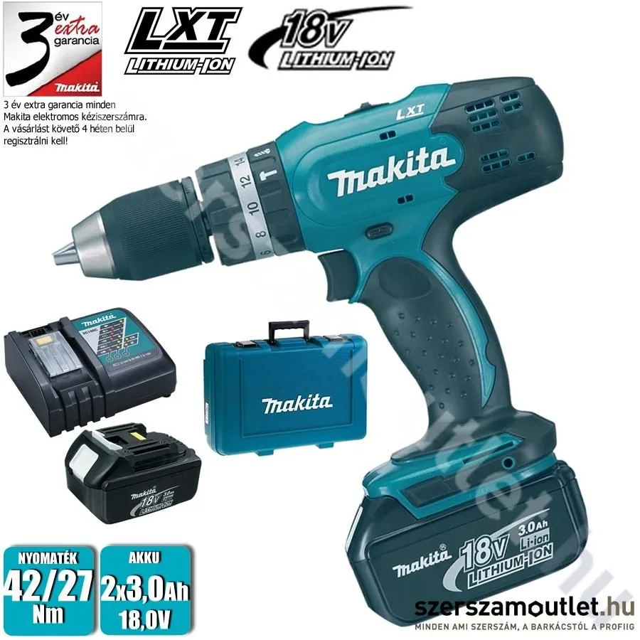 MAKITA DHP453RFE Akkus ütvefúró-csavarbehajtó (2x18V/3,0Ah) kofferben