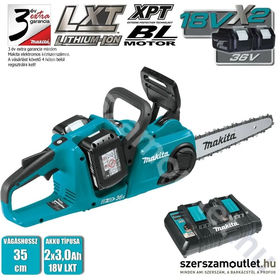 MAKITA DUC353PR2 Akkus szénkefementes láncfűrész 35cm (2x3,0Ah/18V)