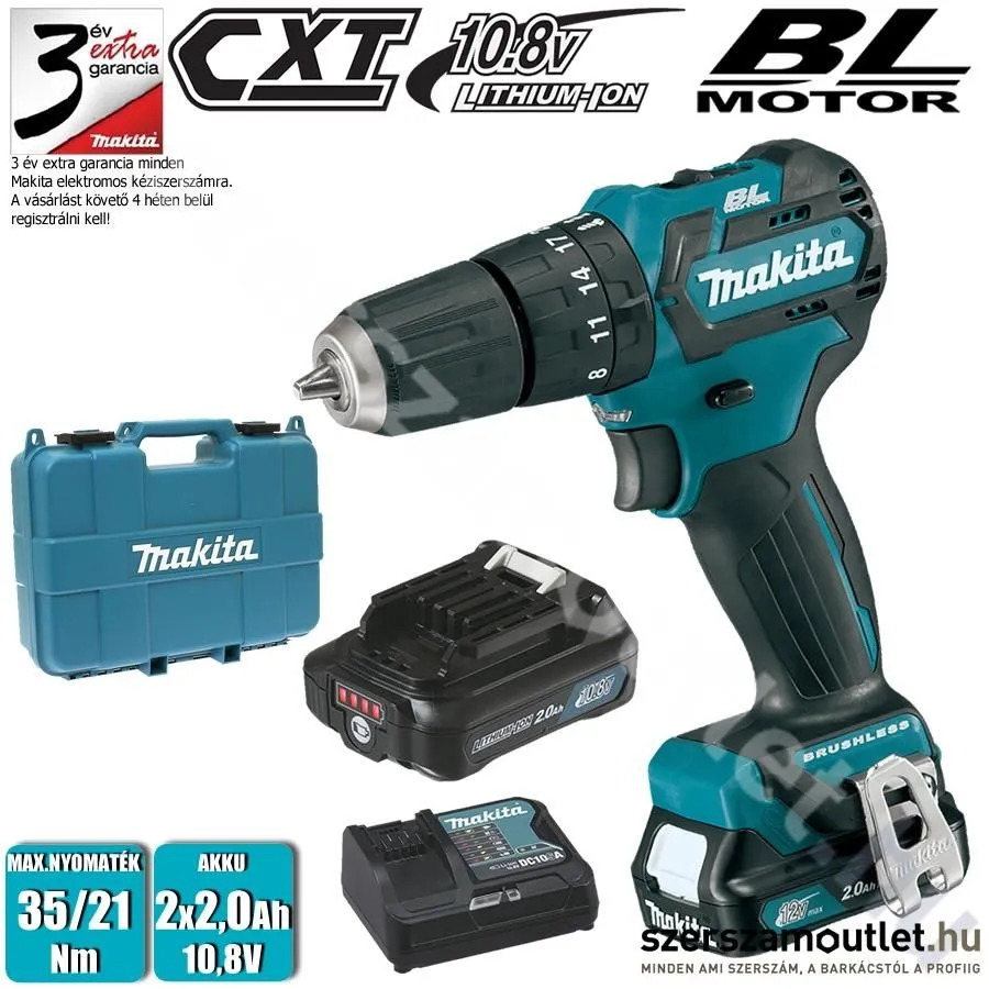 MAKITA HP332DSAE akkus szénkefementes ütvefúró-csavarbehajtó (2x2,0Ah/10,8V) kofferben